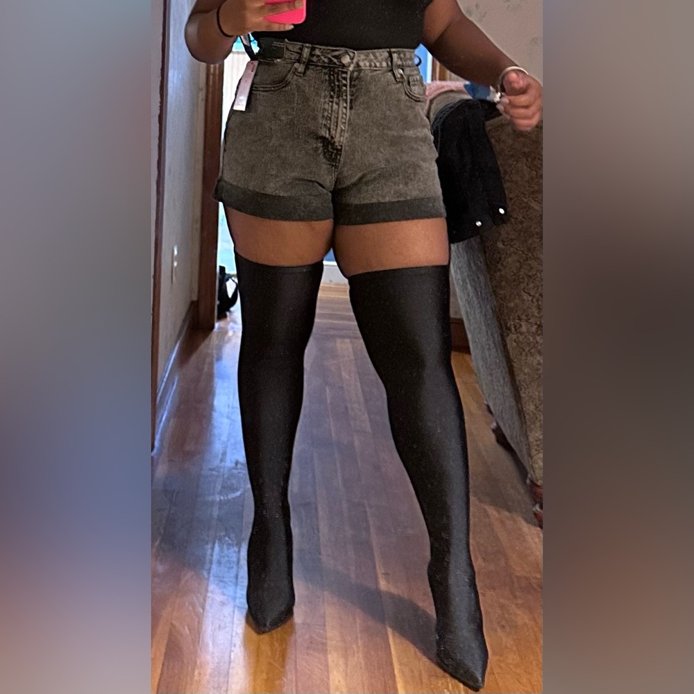 High Rise Cuffed Distressed Black Jean Shorts size 10